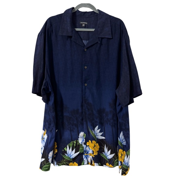 George Mens Hawaiian Floral Print Button Up Shirt 2XL 50/52 Blue Travel Vacation - Picture 1 of 5